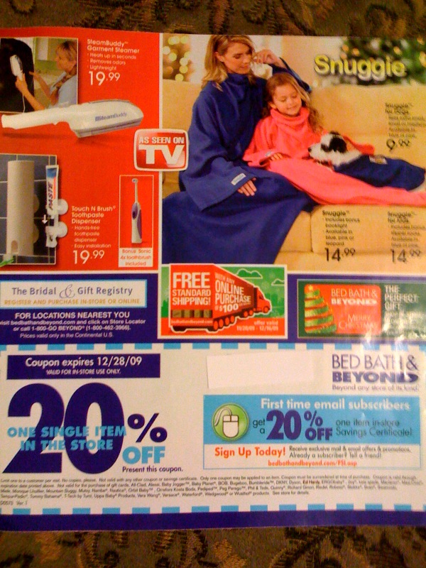  ad for Bed Bath and Beyond, on the back of the ad is a coupon for 20% 
