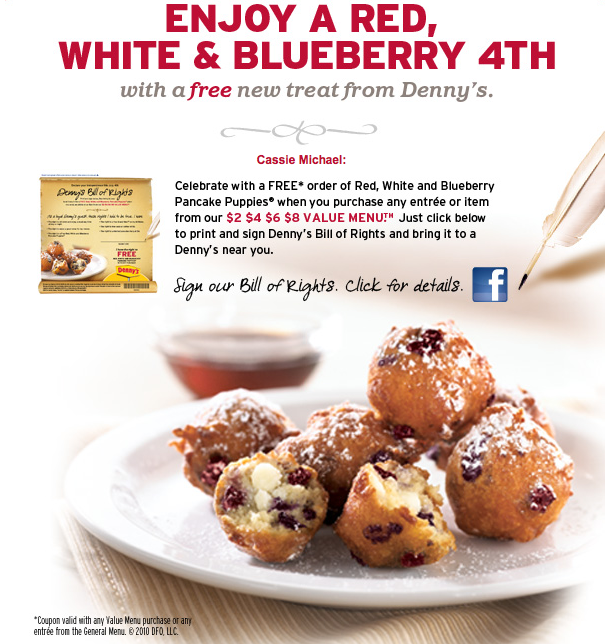 Denny's - FREE Red, White and Blueberry Pancake Puppies! - The Thrifty Couple