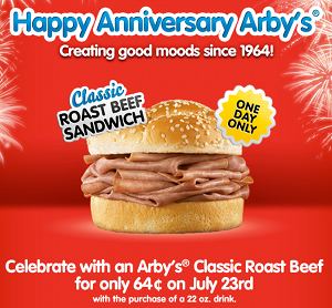 arbys .64 cent roast beef sandwich on july 23