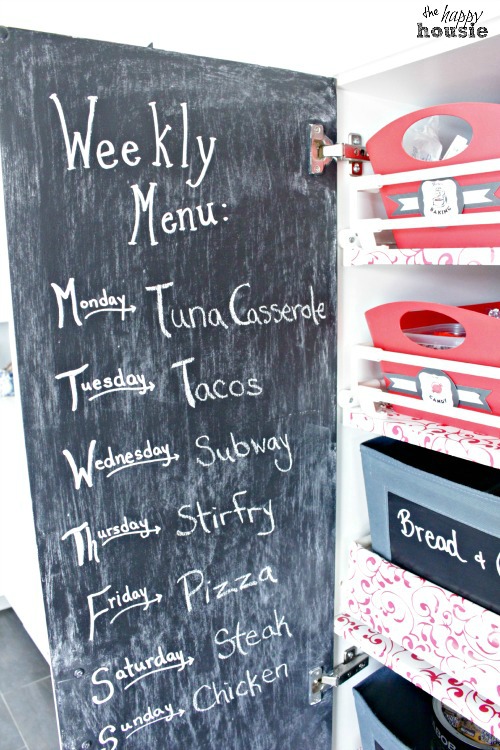 DIY Chalkboard Painted Pantry Doors Weekly Menu by The Happy Housie for The Thrifty Couple