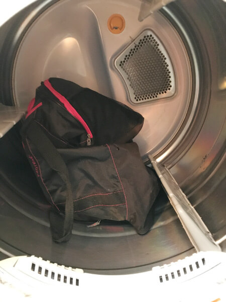 gym bag in LG dryer for steam cleaning