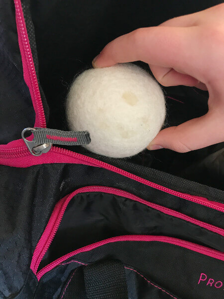 wool dryer ball in gym bag for odor