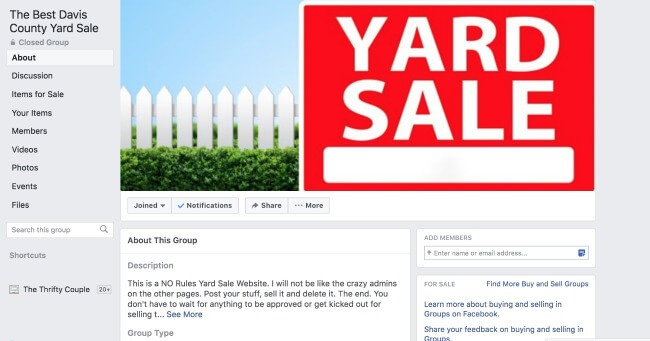 Homepage example of a Facebook yard sale group