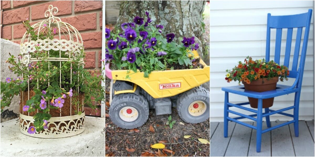 ways to reuse items for unique garden planter ideas