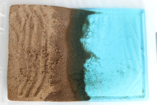 sand and ocean blue water in beach sensory bin