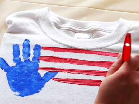 painting stripes on handprint flag t-shirt