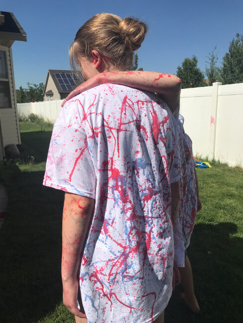back of tie dyed shirt with goblies water gun paint