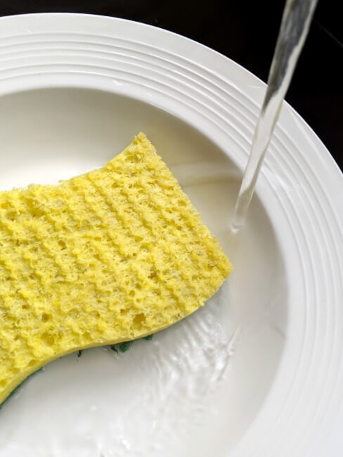 pour water or vinegar over the sponge in a bowl for a natural sponge cleaning solution to get rid of the stinky smell